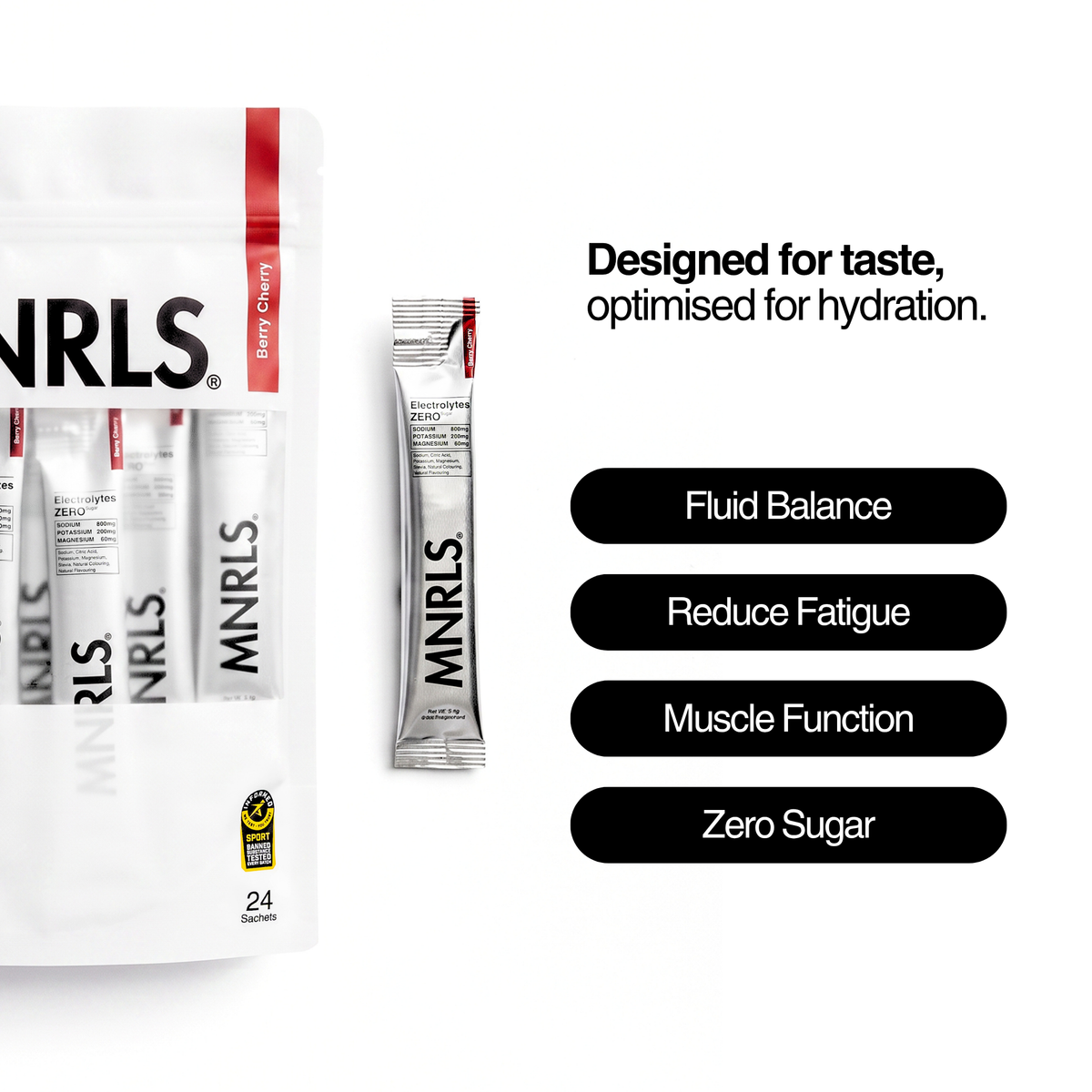 MNRLS Electrolytes Zero Berry Cherry pouch and sachet with hydration benefits including fluid balance, reduced fatigue, muscle function and zero sugar