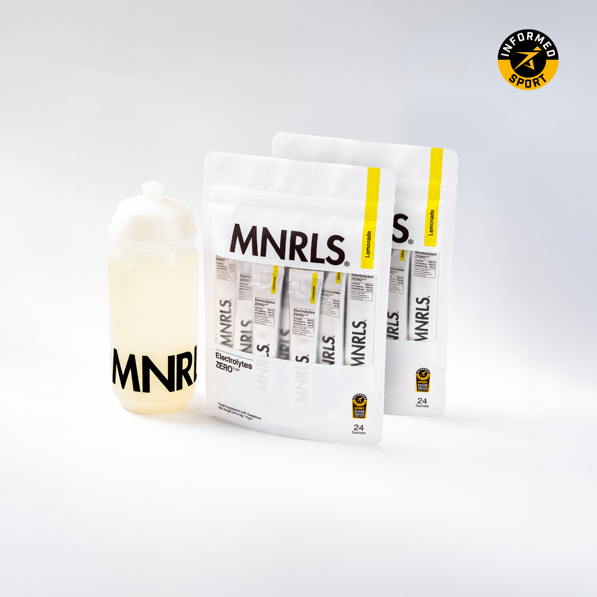 MNRLS Electrolytes Zero Lemonade bundle with two 24 sachet pouches and a 500ml sports bottle