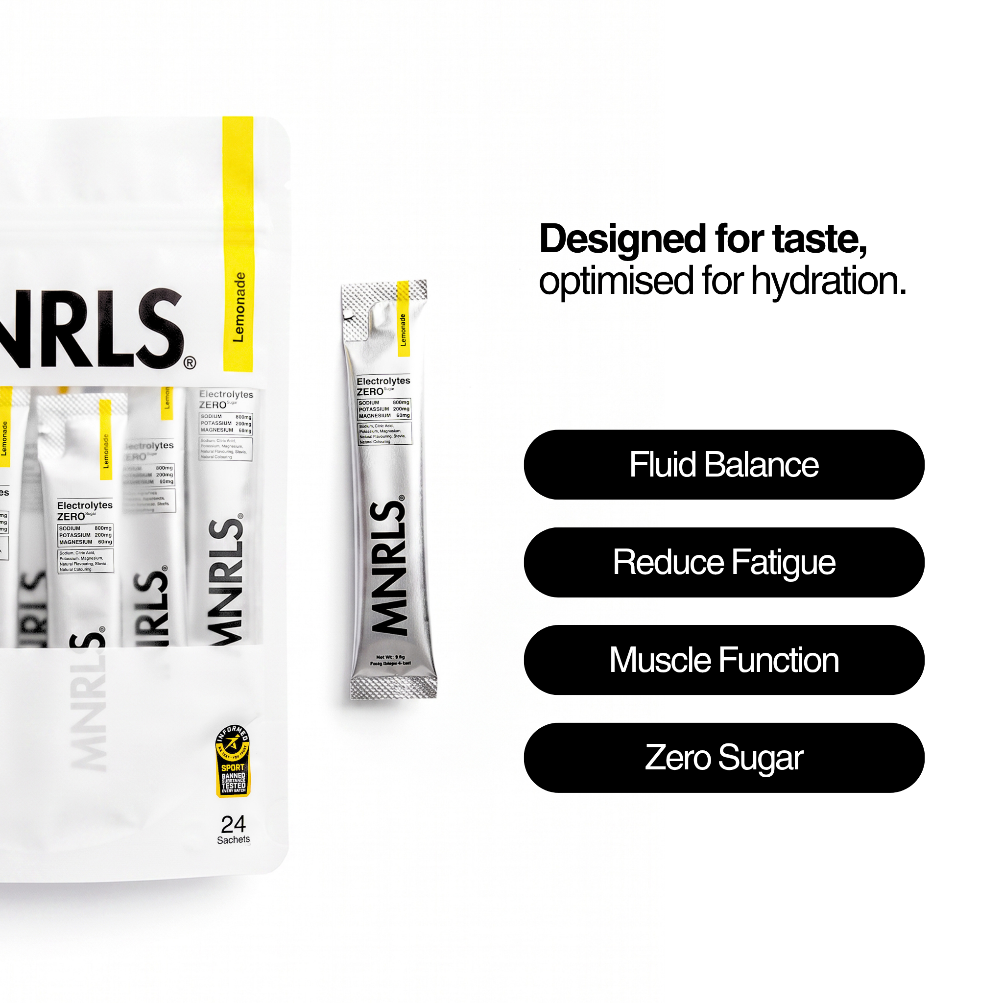 MNRLS Electrolytes Zero Lemonade pack and sachet with hydration benefits including fluid balance, reduced fatigue, muscle function and zero sugar