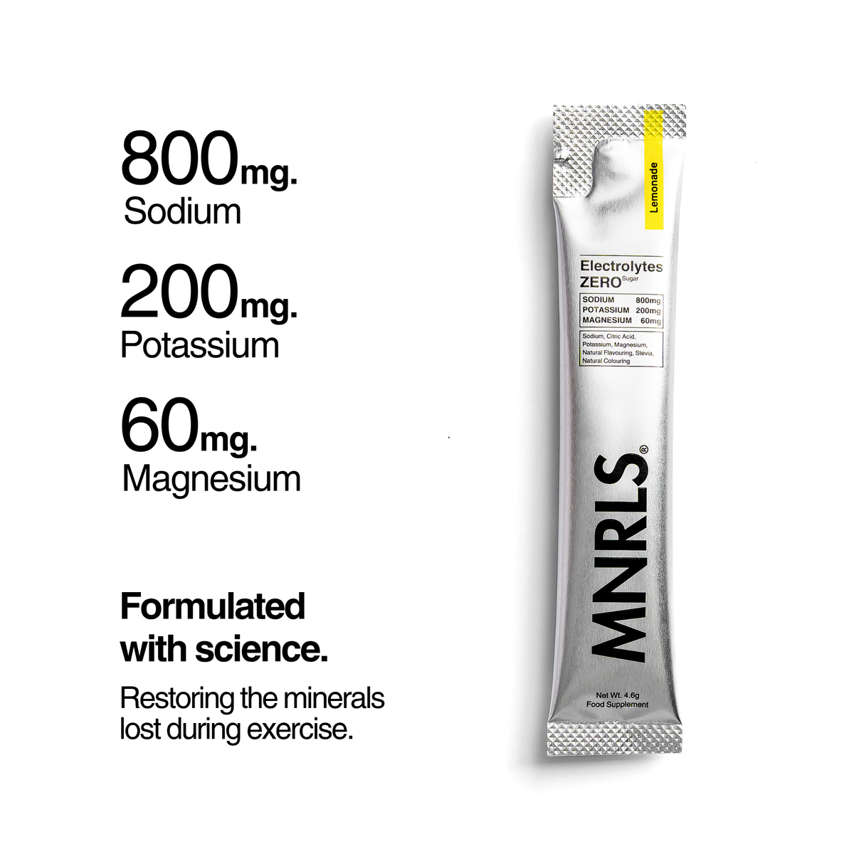 MNRLS Electrolytes Zero Lemonade sachet with 800mg sodium, 200mg potassium and 60mg magnesium shown