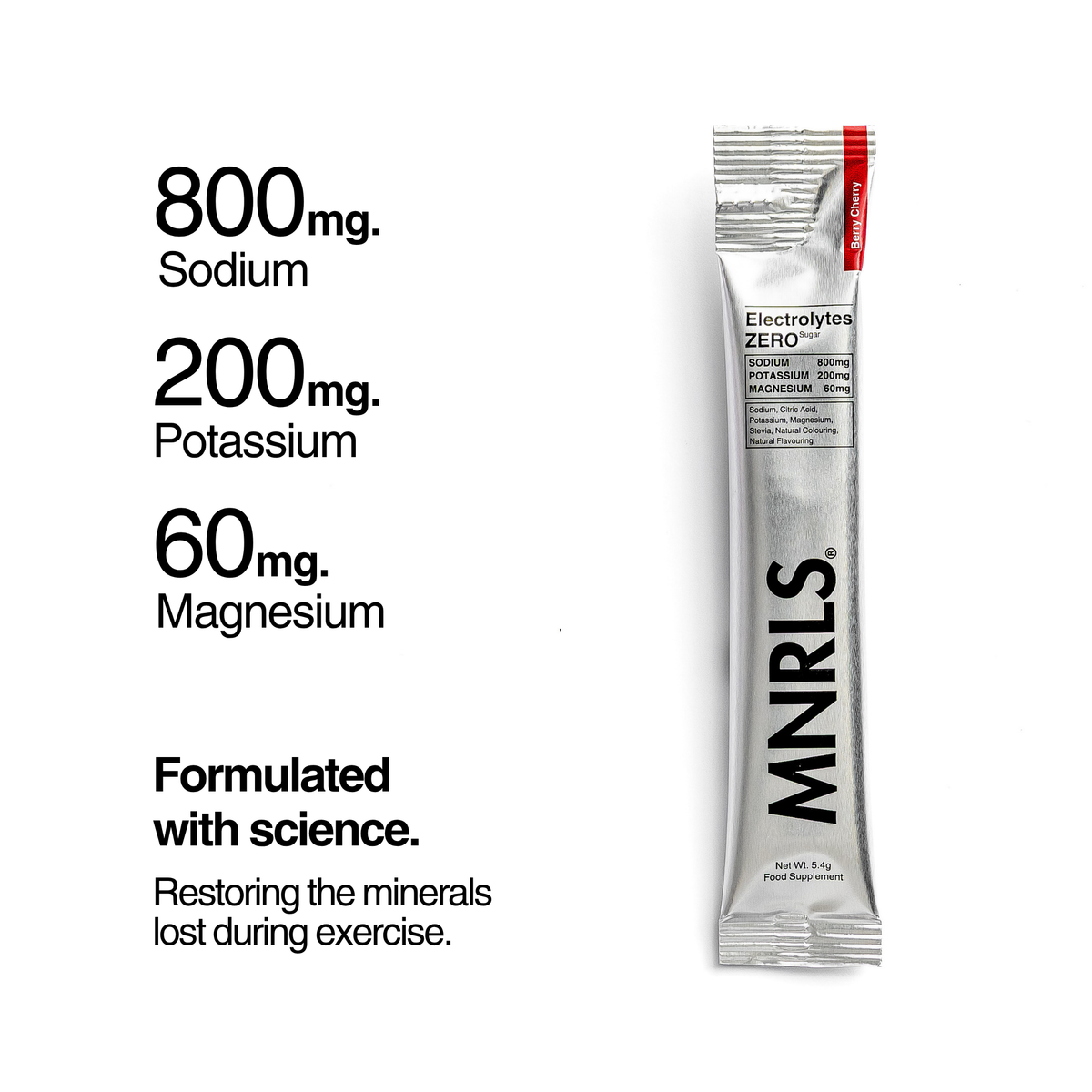 MNRLS Electrolytes Zero Berry Cherry sachet with 800mg sodium, 200mg potassium and 60mg magnesium shown