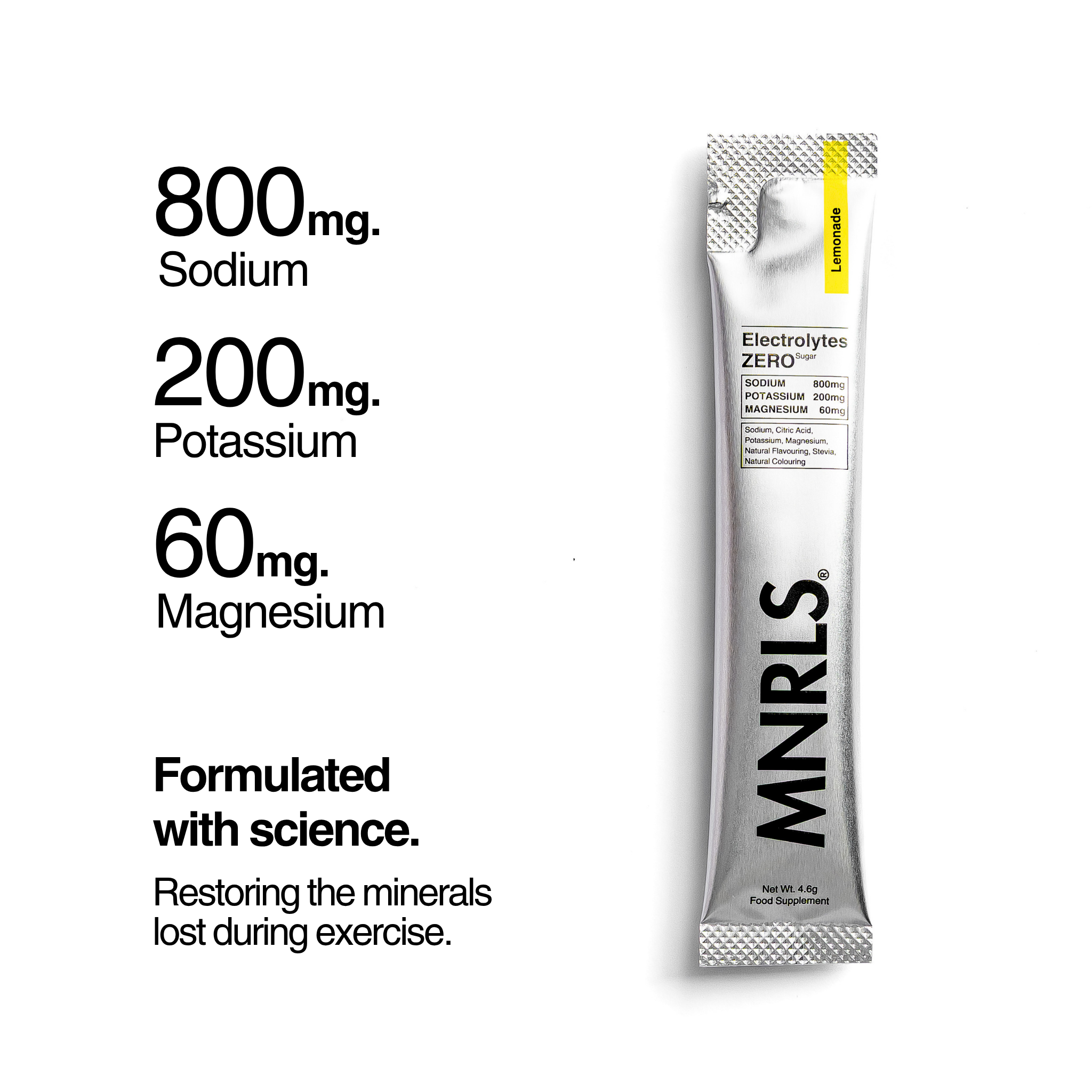 MNRLS Electrolytes Zero Lemonade sachet with sodium, potassium and magnesium amounts shown