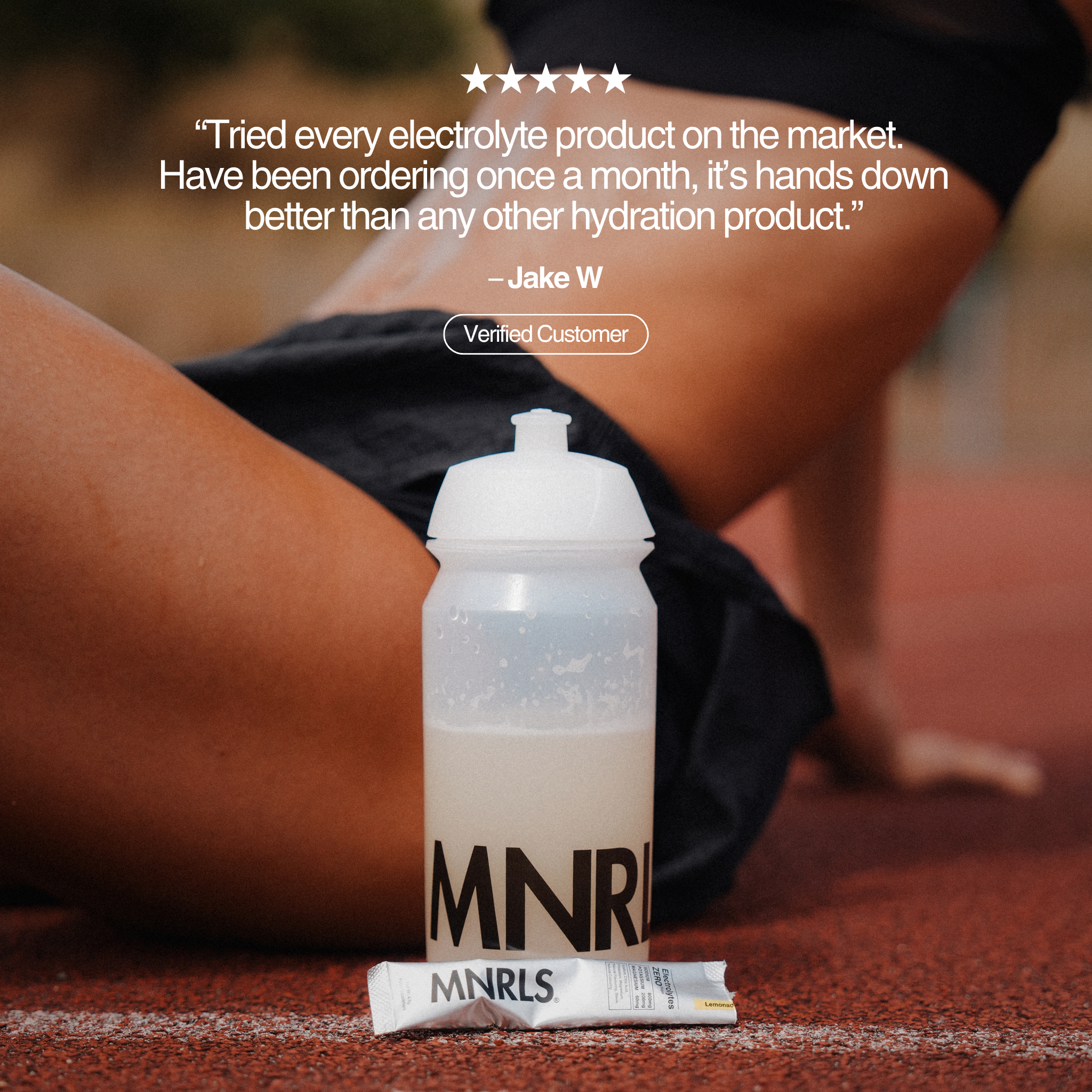 MNRLS Electrolytes Zero Lemonade bottle and sachet with five star customer review
