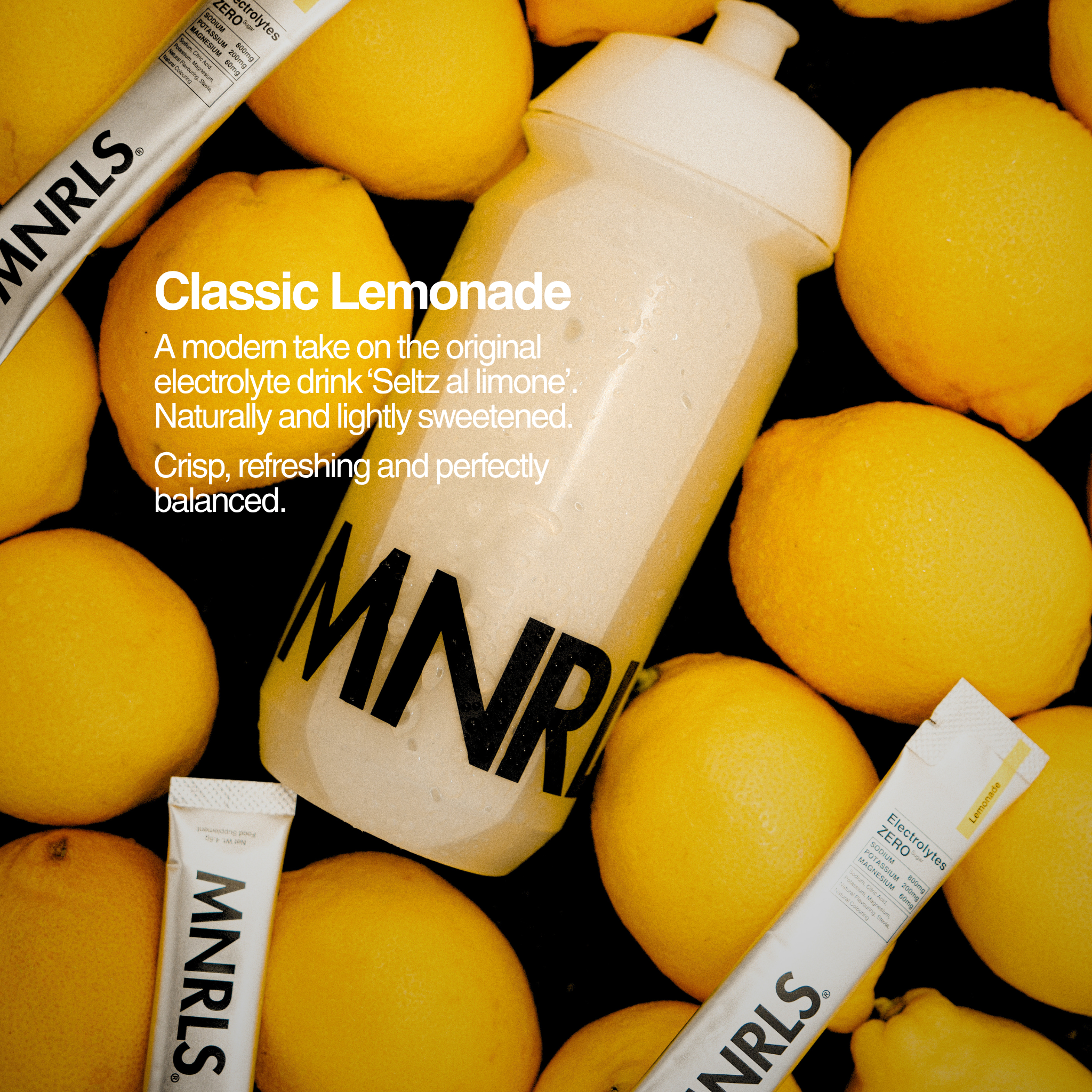 MNRLS Electrolytes Zero Lemonade flavour image with lemons, sports bottle and sachets